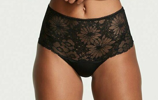 M Black Floral Lace Front NOSHOW Victorias Secret High Waist Midi Brief Panty