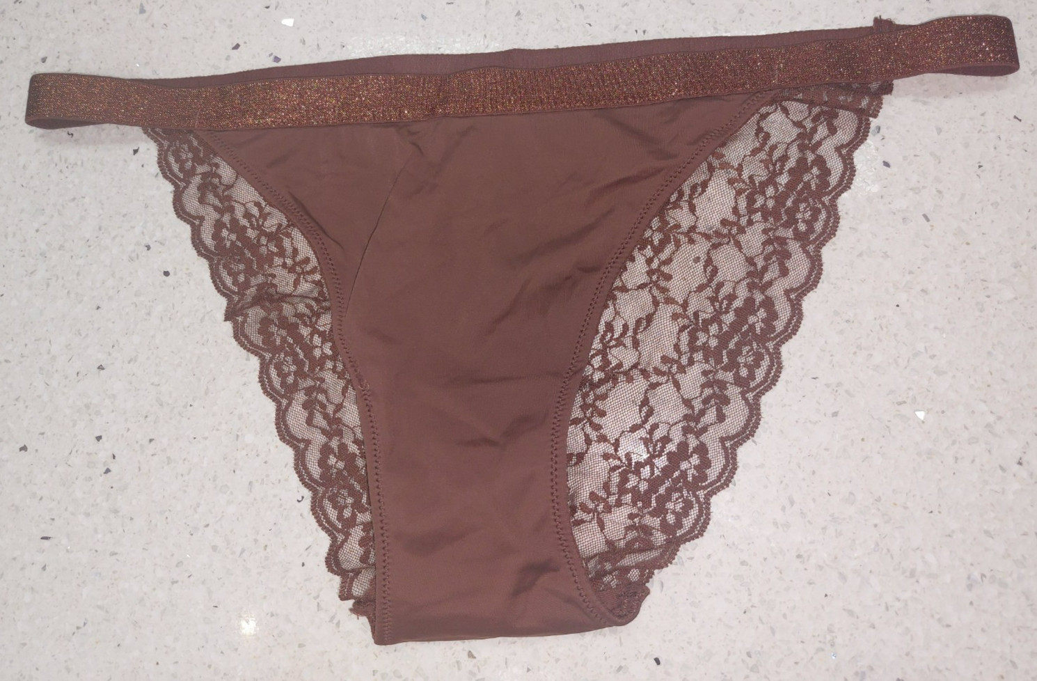 Brand NEW Sparkly Dark Chocolate Brown LACE Cheeky Brazilian Knickers Size L 12