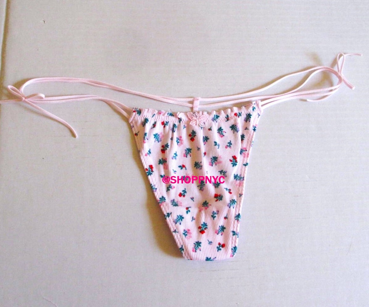 Victoria Secret PINK Cotton Side Tie V-String Thong Ribbed Butterfly Pink Floral