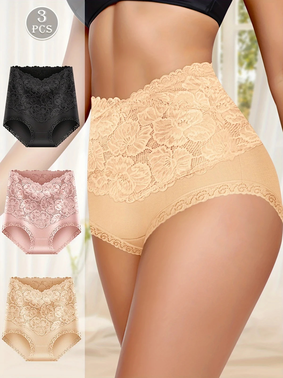 3pcs Solid Floral Lace High Waist Briefs Comfy Breathable Stretchy Panties