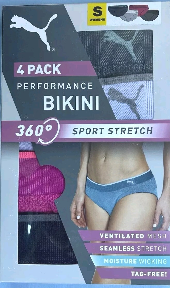 Puma 4 Pack Performance Bikini 360° Sport Stretch Seamless Panties Womens SMALL