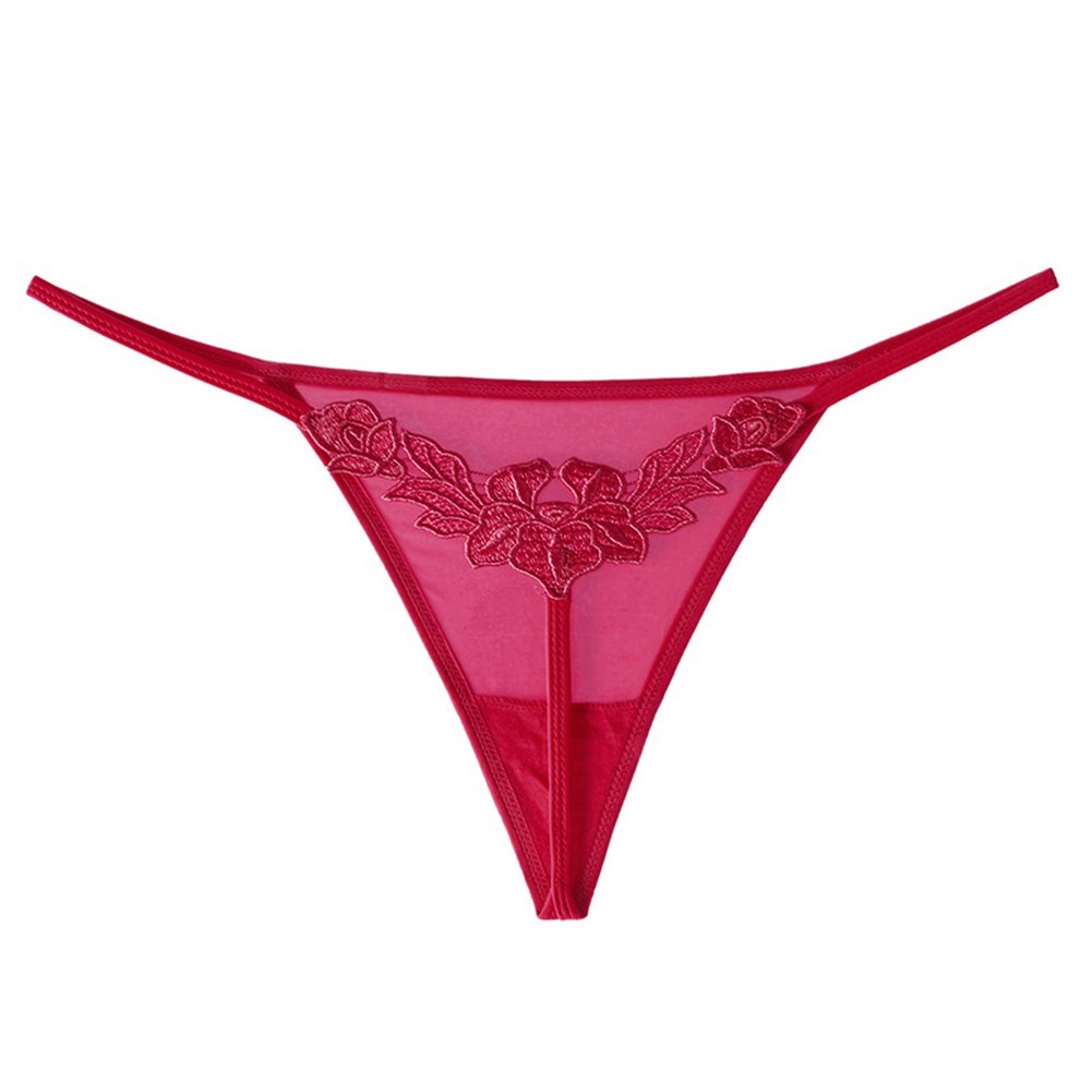 High Cut Women’s Wet Look G string Thong Panties in Black with Floral Lace
