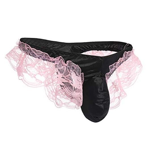 Sexy Men’s Floral Lace Underwear Shiny Satin Sissy Pouch One Size Black + Pink
