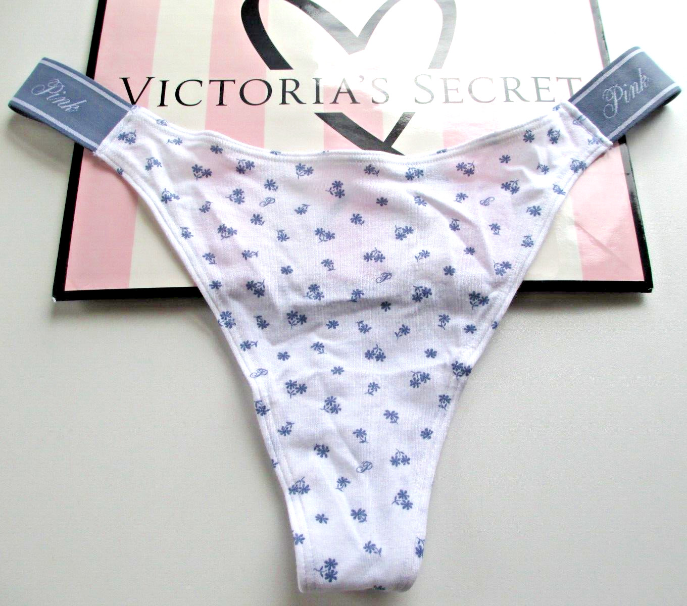 VICTORIA’S SECRET PINK Cotton High Leg Thong Panty VS Denim Blue Floral S M L XL