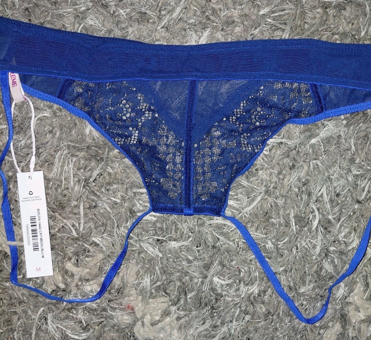 Adore Me/VS Lace & Mesh Crotchless Cheeky Panty NEW Size Large Blue