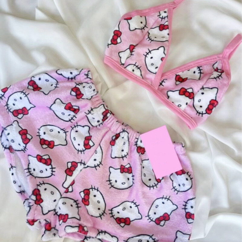 KT Kitty Vest Shorts Y2K Bikini Set Summer Beach Clothes Pajamas Plush