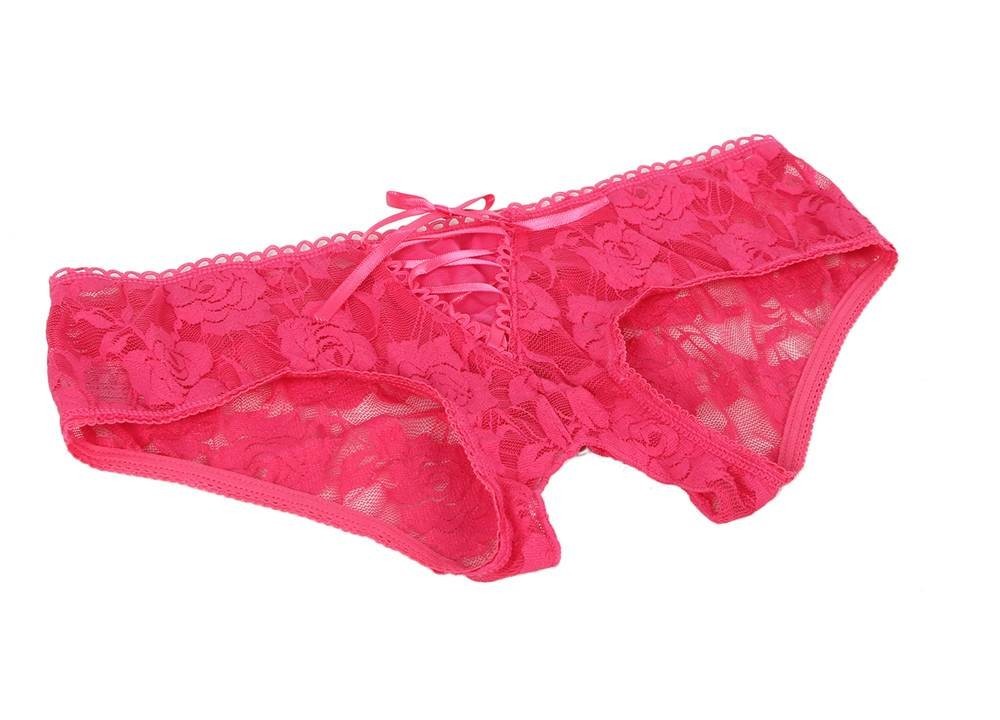WOW BABE Pink Floral Lace Bow Detail Open Crotch French Knickers Panty Size 8-10