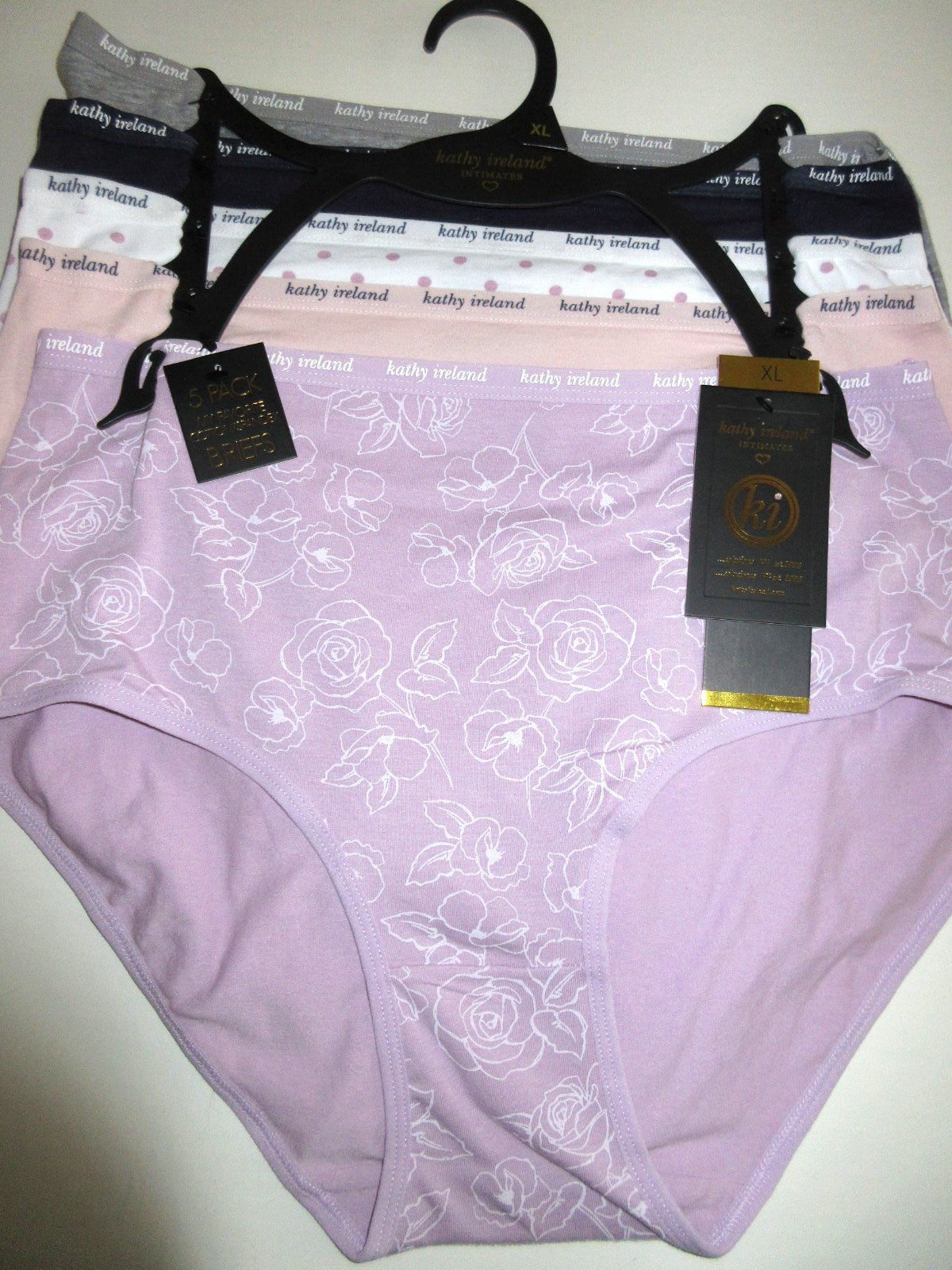 Kathy Ireland 5 Pair Cotton BRIEF Panties lavender Gray pink blue white women XL