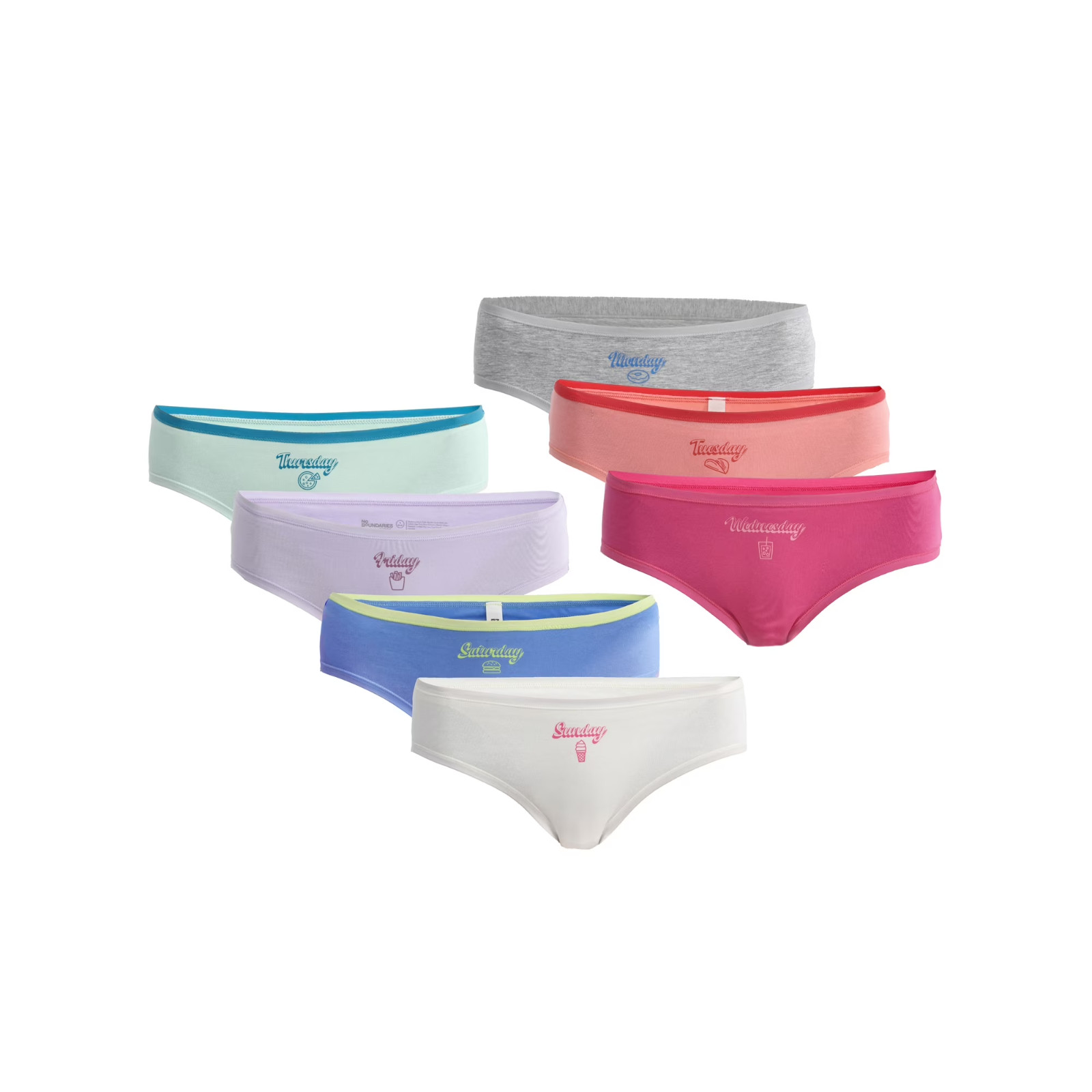 No Boundaries Women’s 7 Pack Cotton Hipster Panties, Assorted Colors Size XS