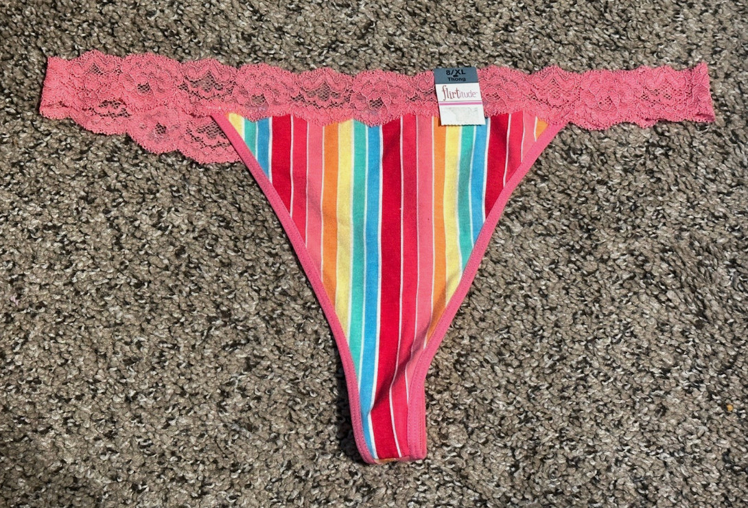 NWT Flirtitude Y2K Rainbow Candy Stripe Teen Retro Pink THONG w/ Lace • Sz 8 XL