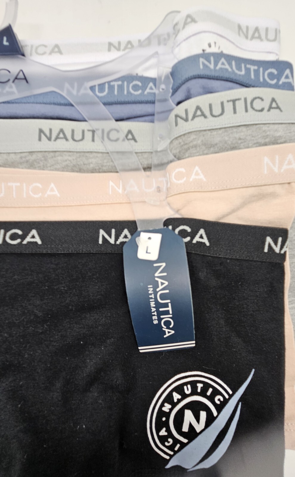 NAUTICA 5 Pack Women’s L XL Cotton Logo Boy Shorts Blue Gray Beige White Black
