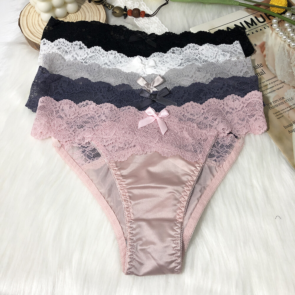 5 Pairs/Lot Womens Satin Panties Briefs French Lace Waist String Bikinis Thongs