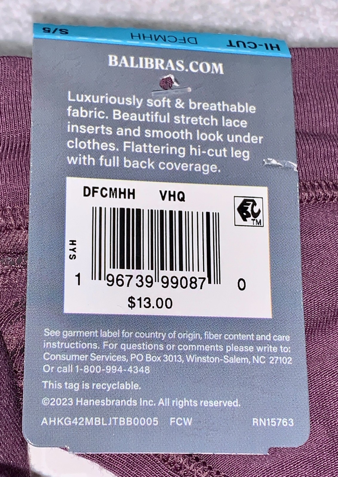 BALI Breathe Cotton Modal Lace Side Currant Purple Hi Cut Panty Womens Sz S 5
