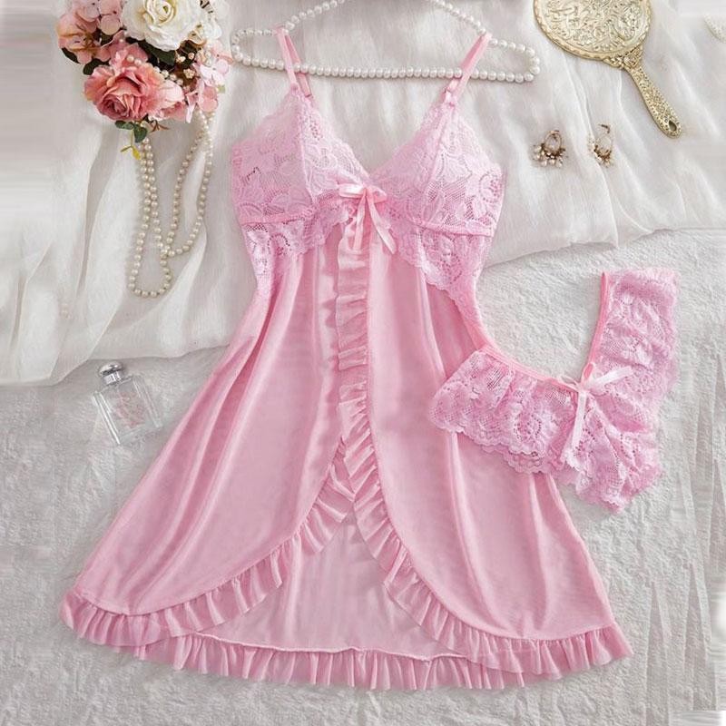 Women Sexy Sleepwear Set V Neck Nightdress Bra Panty Pajamas Lingerie