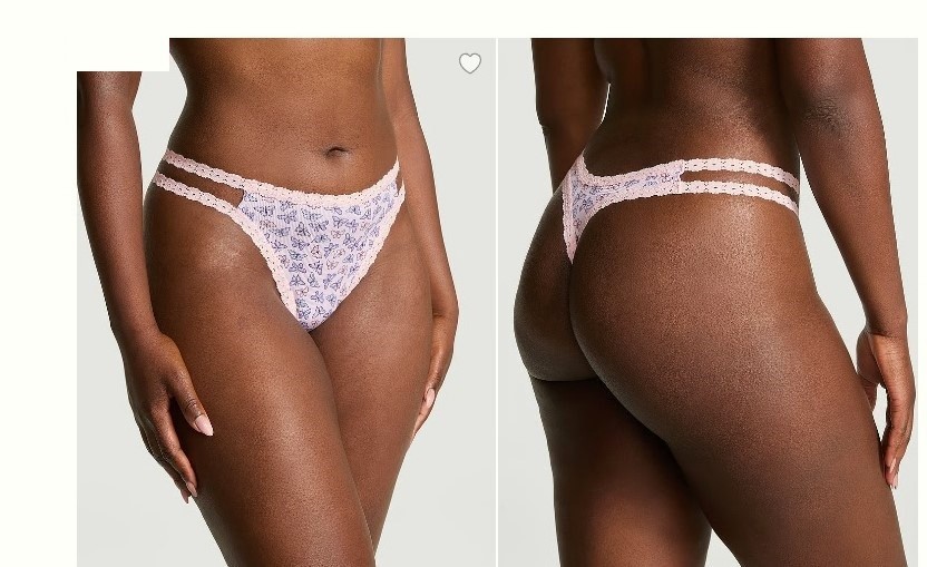VICTORIA SECRET PINK XS Ribbed Knit Cotton Lace Strappy Thong Panty Butterflies