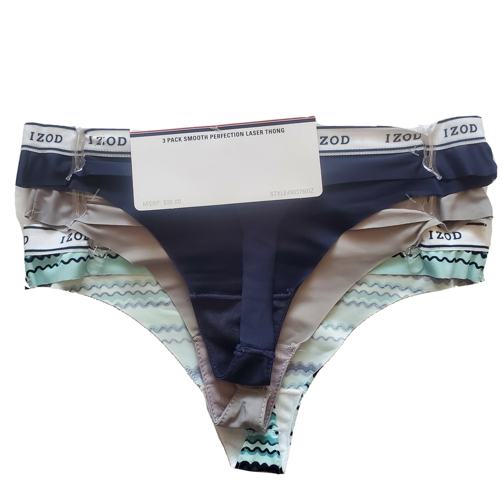 3 Pair IZOD Laser Cut Thong Panties, Size L, Teal, Gray, Navy Blue, MP