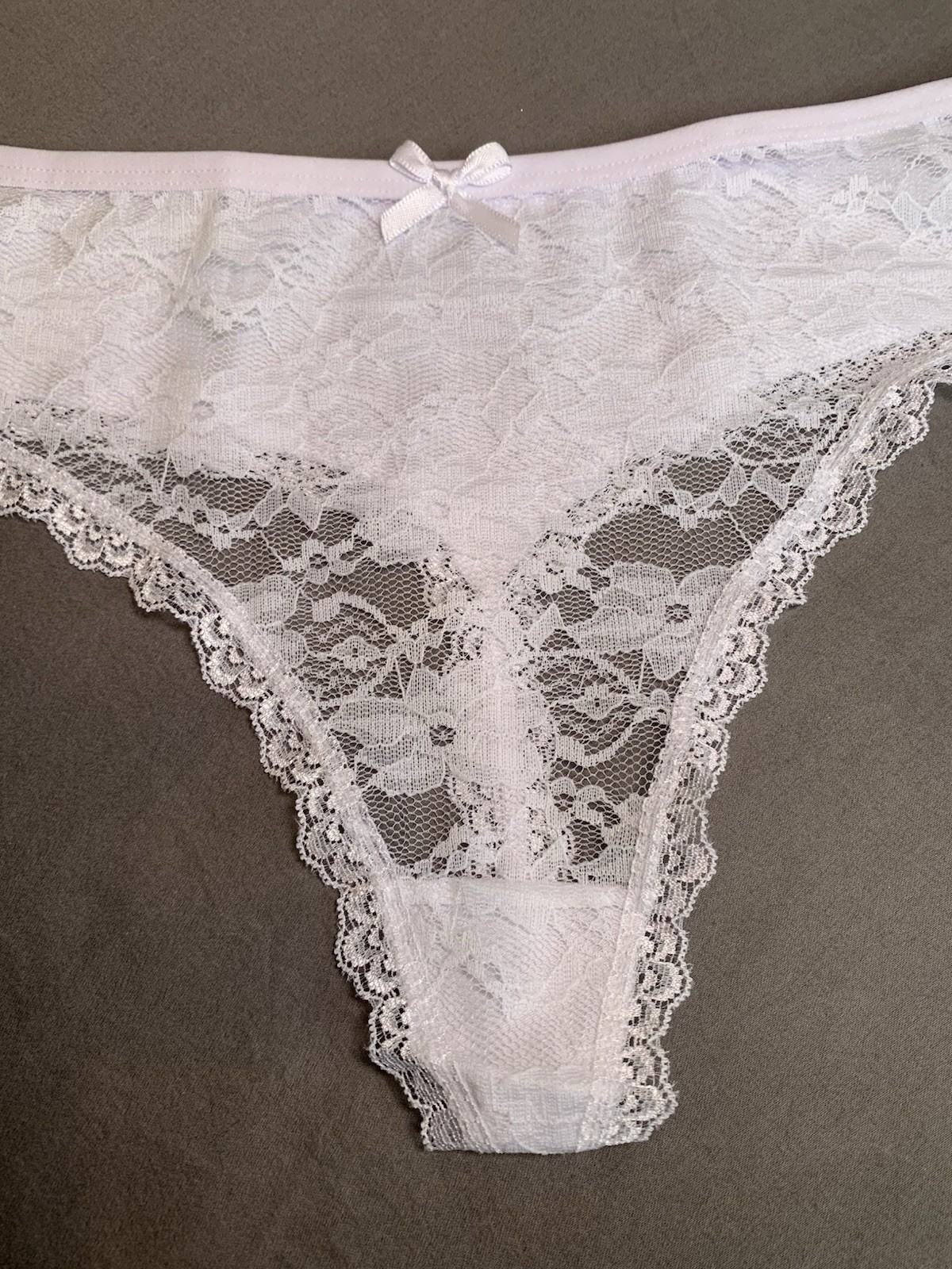 New White Lace Floral Thong Panties XL Stretch Bow Accent