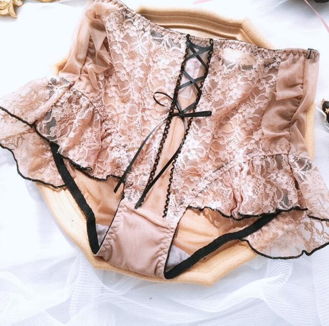 Sexy Ruffles High Waist Briefs Womens Lace Sheer Panties Breathable Underpants