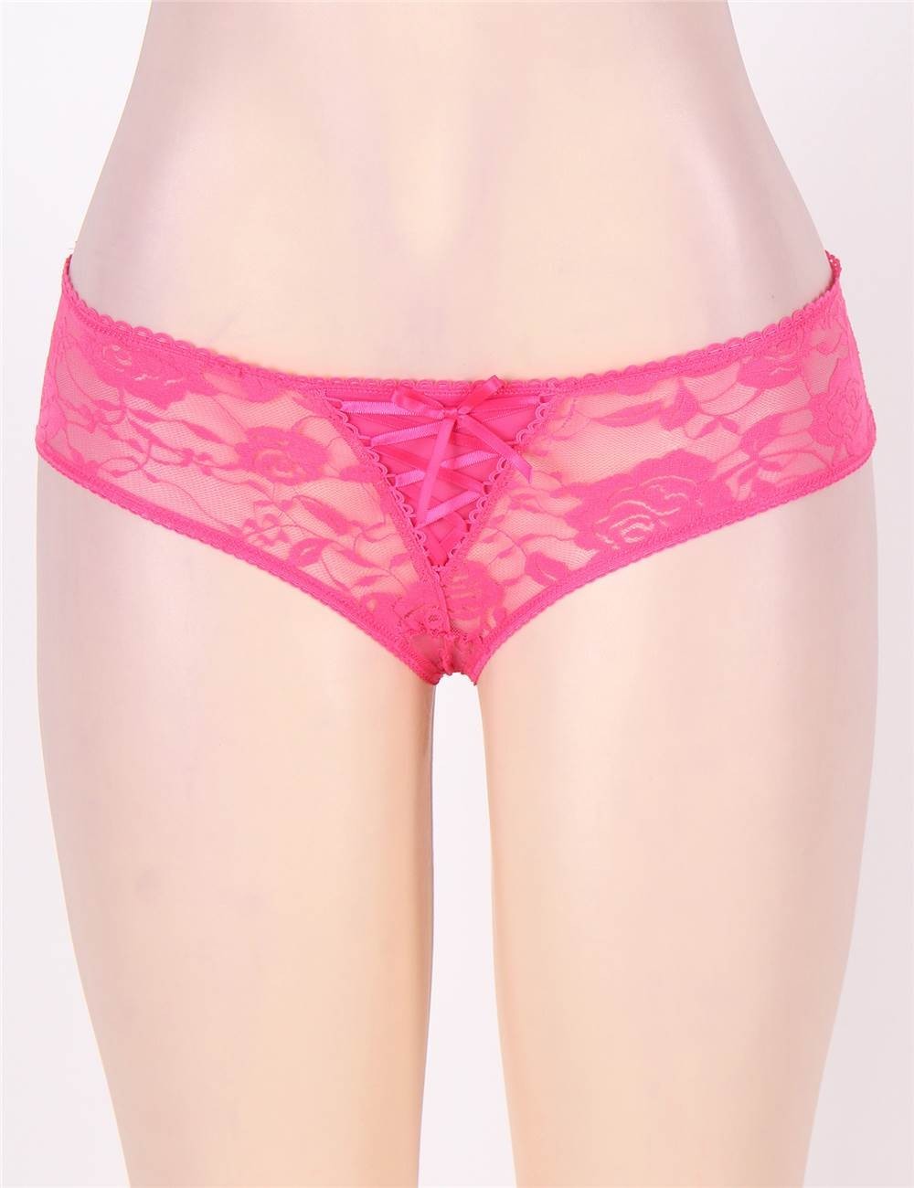 WOW BABE Pink Floral Lace Bow Detail Open Crotch French Knickers Panty Size 8-10