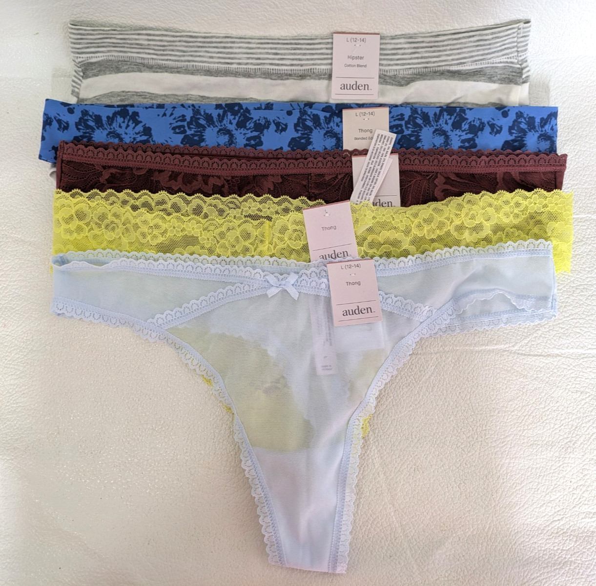 Lot of 5 Pairs Thongs Brief Panties Large (12-14) Blue Yellow Ruby Grey