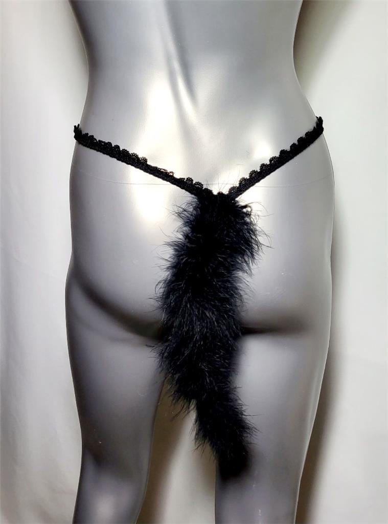 Kitty Cat Face One Size Thong Panties Black Faux Fur Tail Unbranded