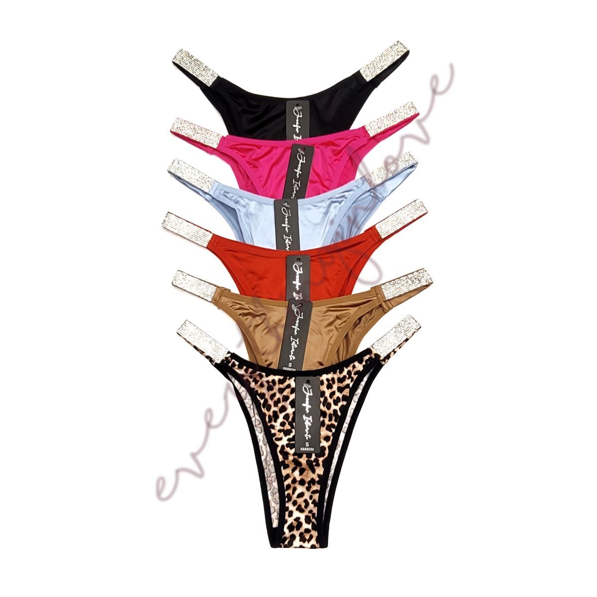 Brilliant Rhinestone Straps Shiny Satin Cheeky Knicker Brazilian Thong Panties