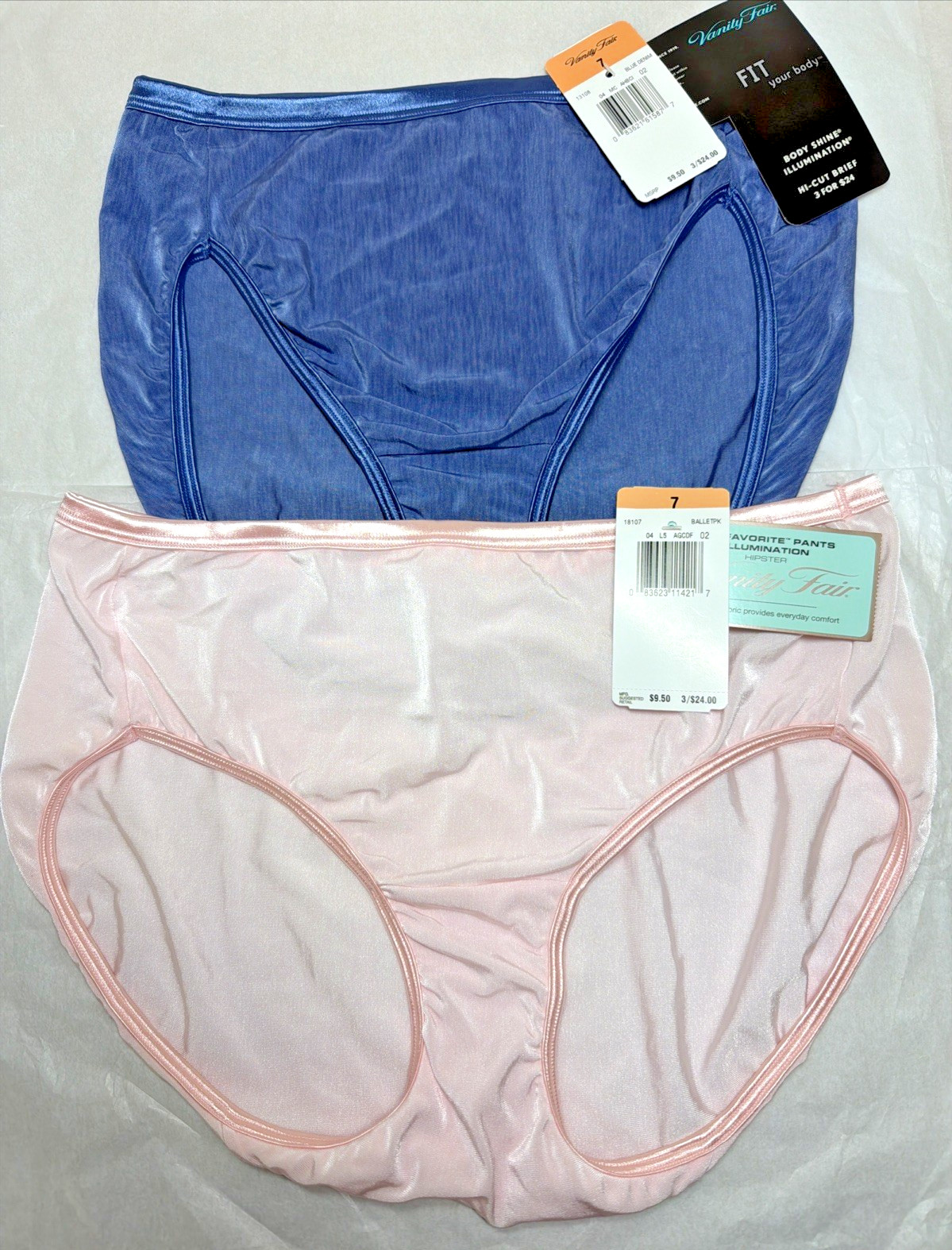 VANITY FAIR ILLUMINATION HIPSTER WOMANS SIZE 7 SHINY Nylon BLUE / PINK NWT 2Pair