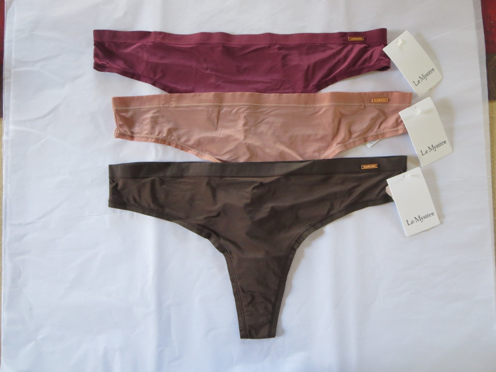 LE MYSTERE INFINITE COMFORT THONG PANTY #8838, L/XL, 3 PACK, MINK/CHERRY/COCOA