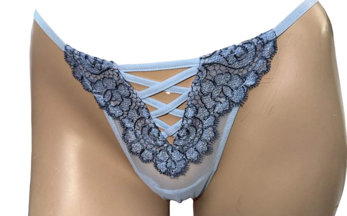 Victoria’s Secret (NWT) BOHO Embroidery Lace Mesh X-LARGE Thong Panty BLUE