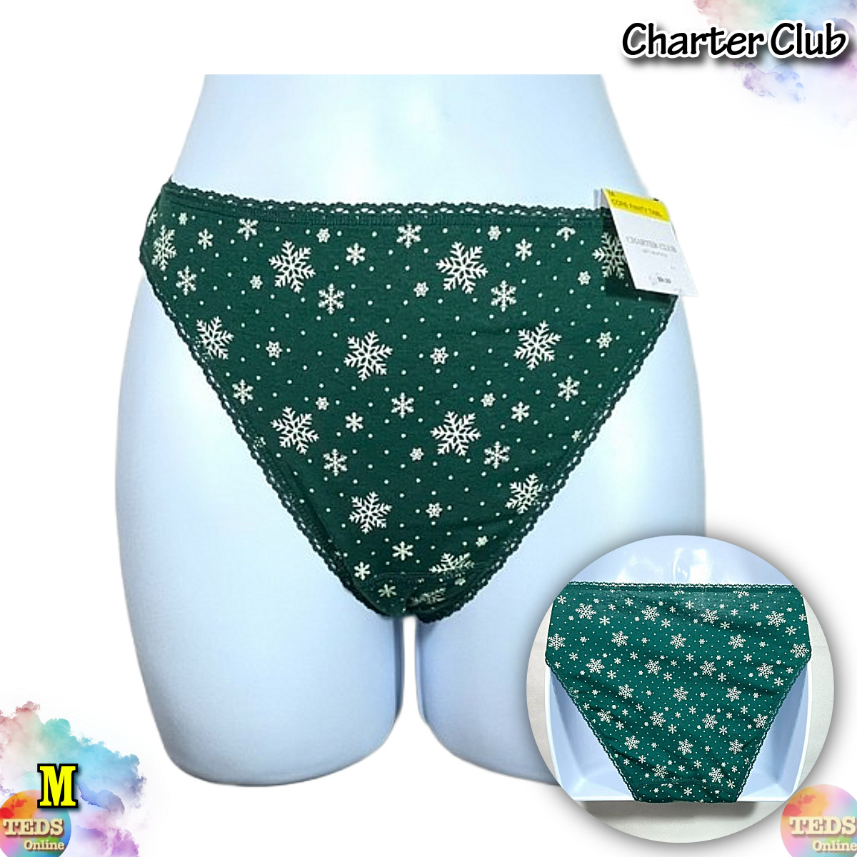 NWT Charter Club Women’s M High-Cut Bikini Pantie 1-Pack, Green Snowflake Print