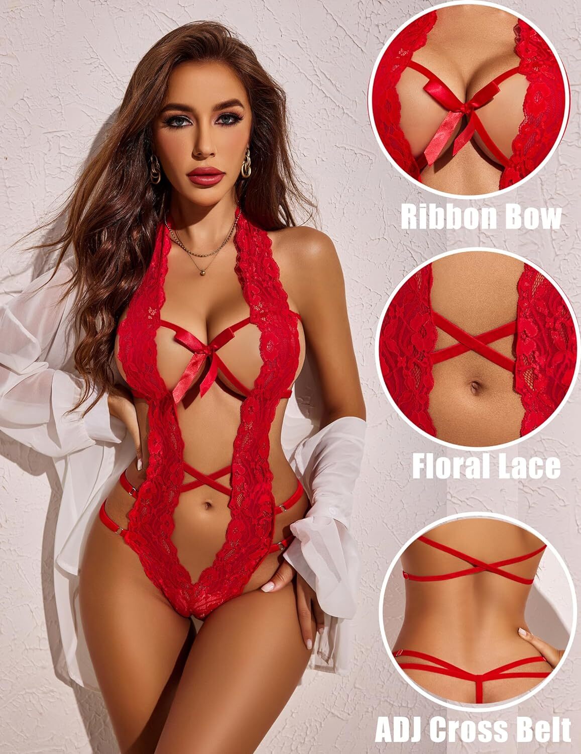 Avidlove Women Deep V Halter Lingerie Teddy One Piece Medium, 1 A-red