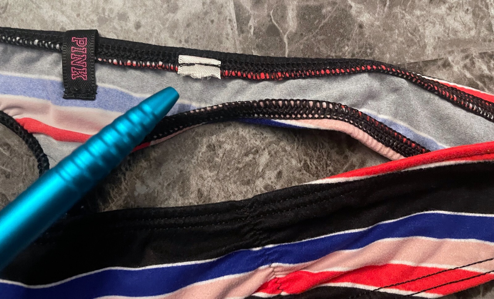 VICTORIA’S SECRET PINK S BLUE BLACK RED STRIPE SMOOTH RUCH RARE THONG PANTIES