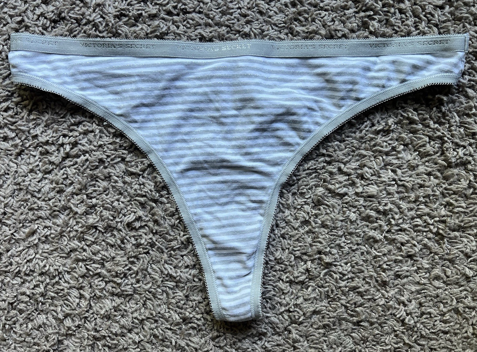 NWOT Victoria’s Secret Vintage Cotton Logo WaistBand Striped Thong Panty Size XL