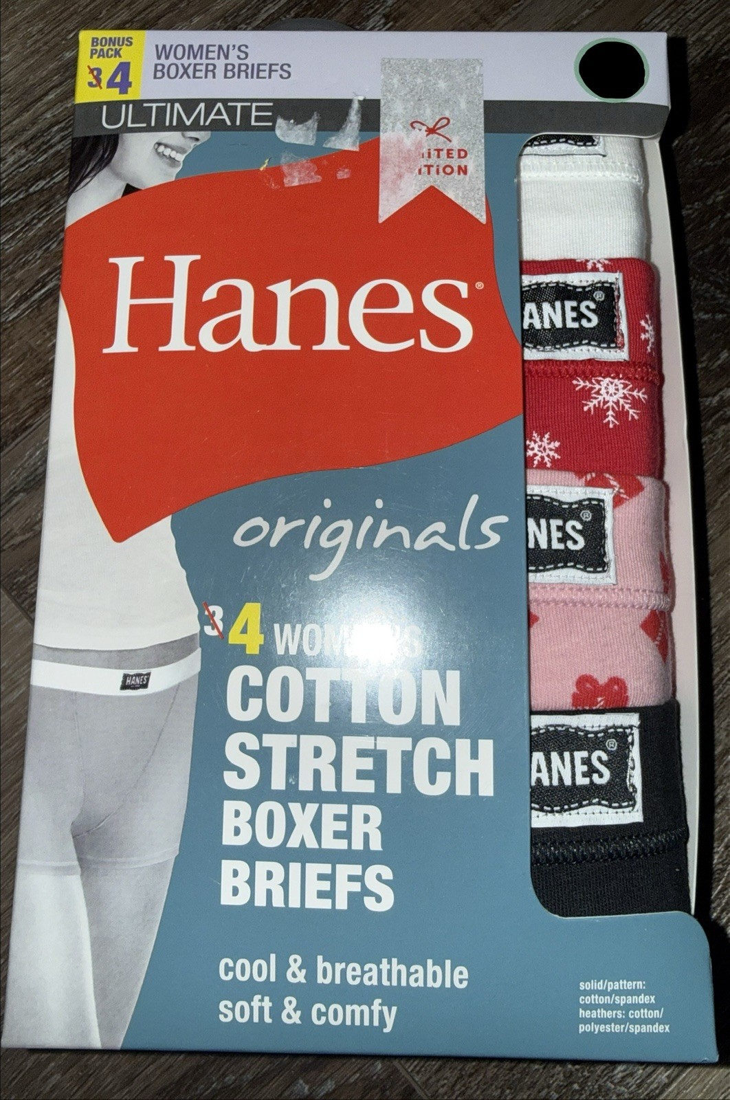 Hanes Ultimate 4-Pair Womens Boxer Brief Underwear Panties Cotton Originals ~ L