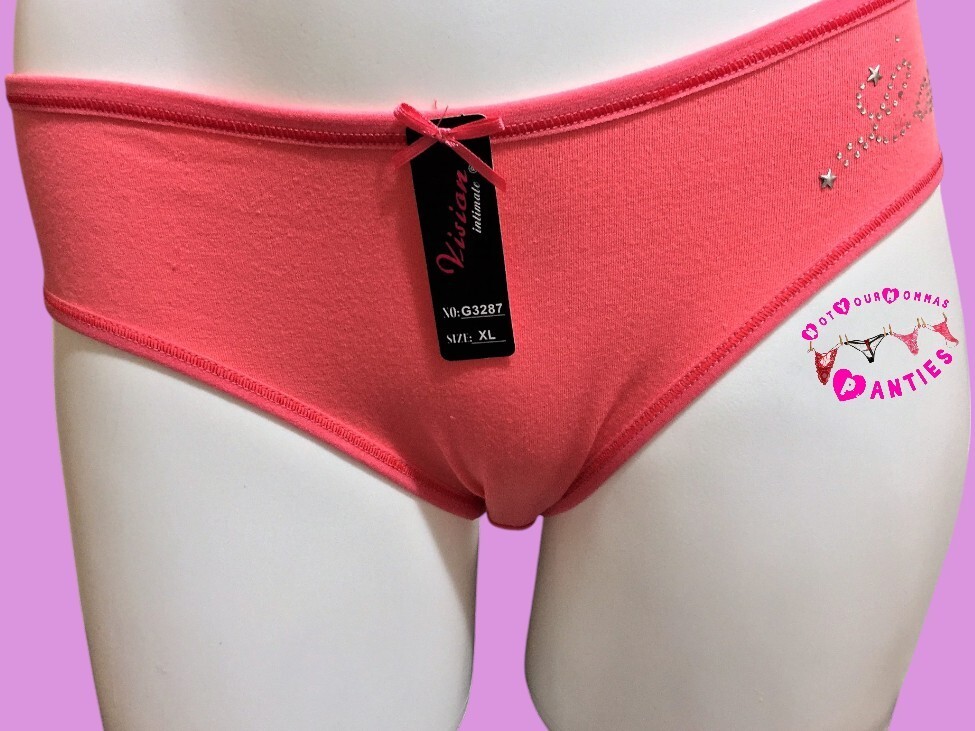 VISION INTIMATE everyday solid coral, hi-cut briefs w/”LOVE” in rhinestones [XL]