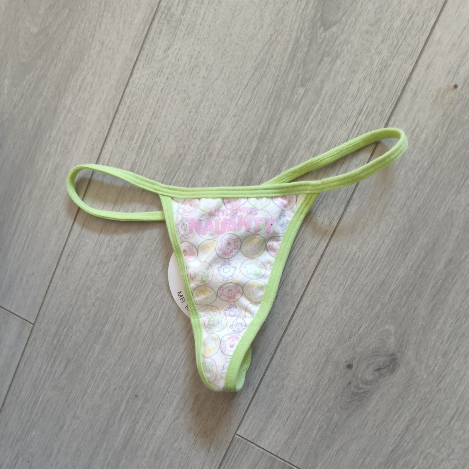 BNWT Vintage La Senza White & Green Little Miss Naughty Thong Size 6-8
