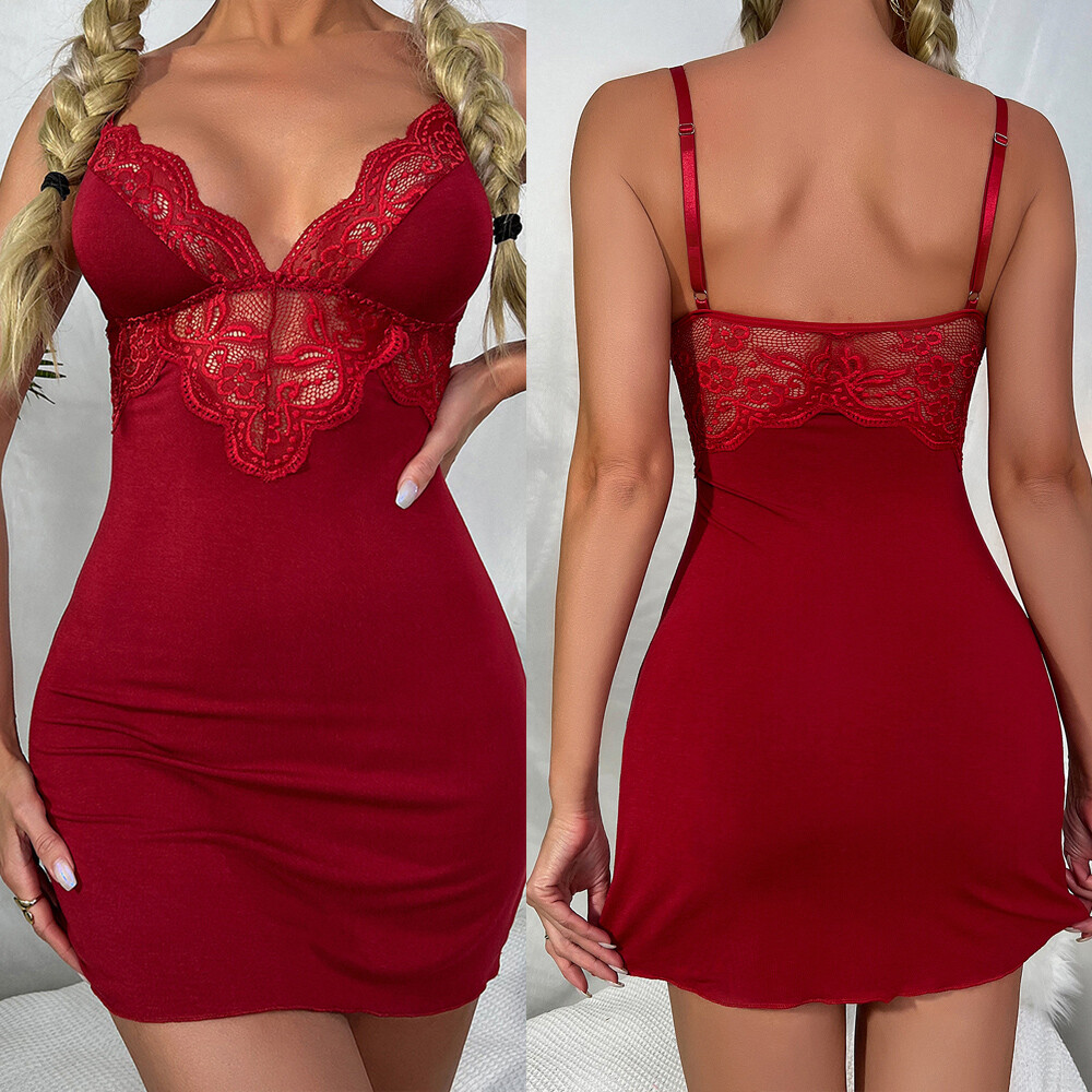 Red Women Sexy Lingerie Lace Dress Valentine’s Underwear Babydoll Sleepwear Set