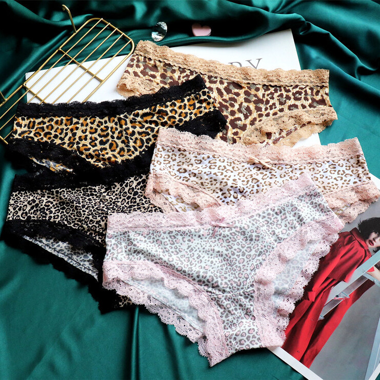 5PCS/LOT Womens Sexy Panties Brief Leopard Print Lace Underwear Lingerie Hipster