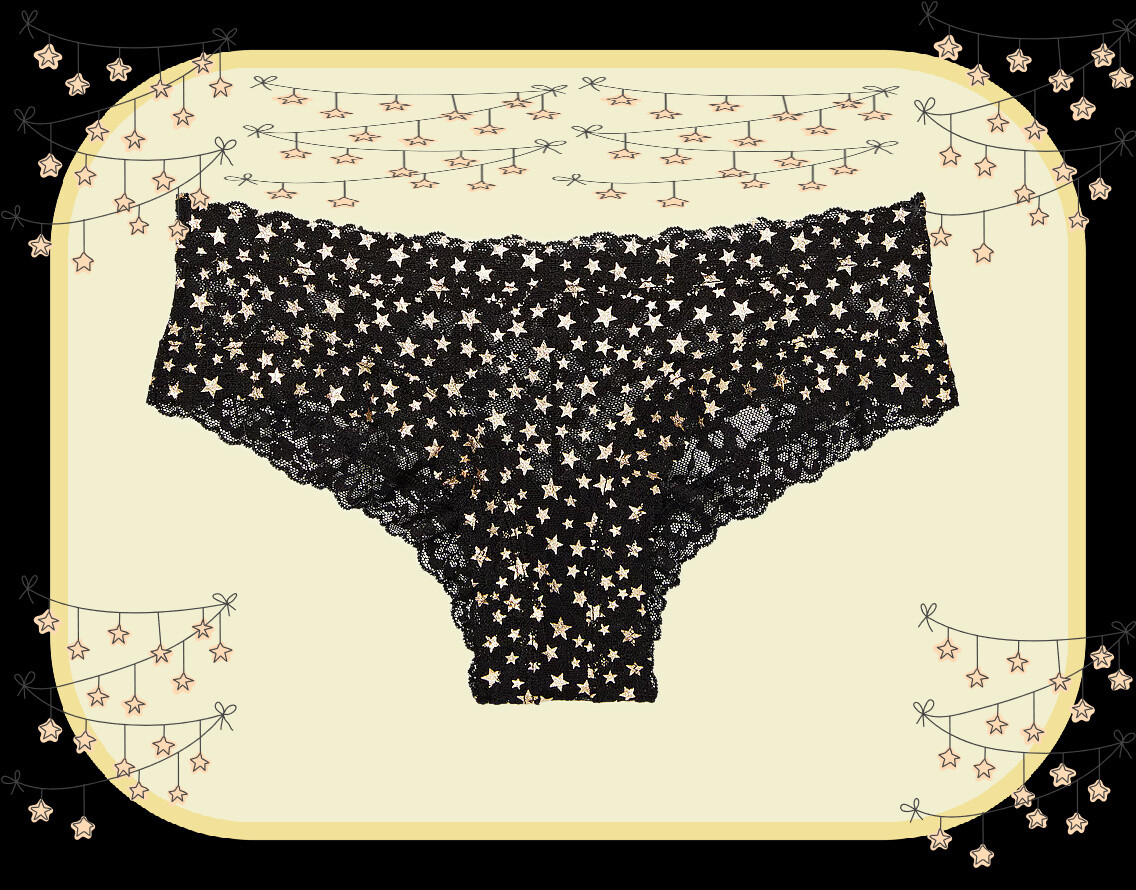 M NOIR Dk Black Gold Foil Star ALL LACE THE LACIE Victorias Secret CHEEKY Panty