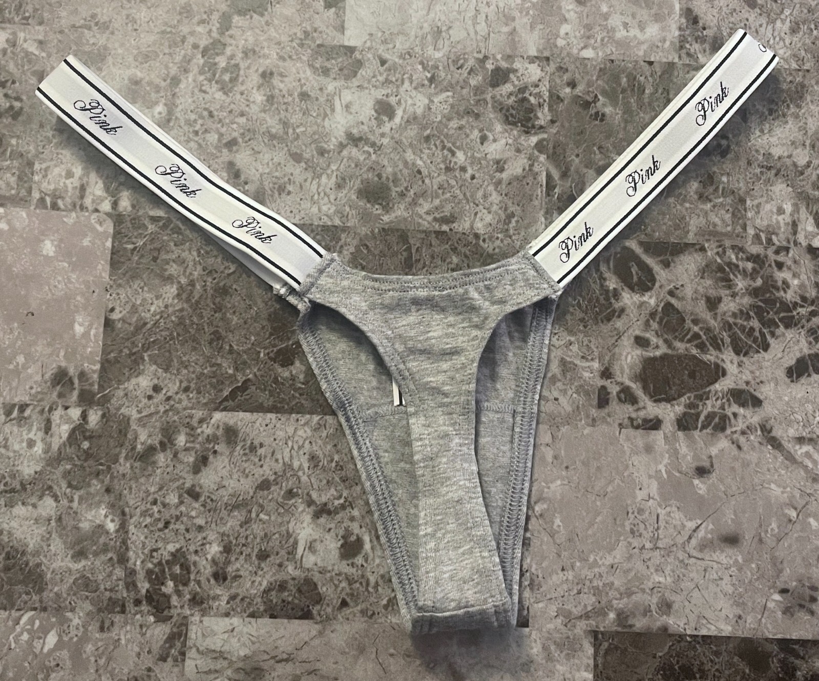 NWT VICTORIA’S SECRET PINK GRAY MICRO TINY LOGO SIDE STRAPS THONG PANTIES