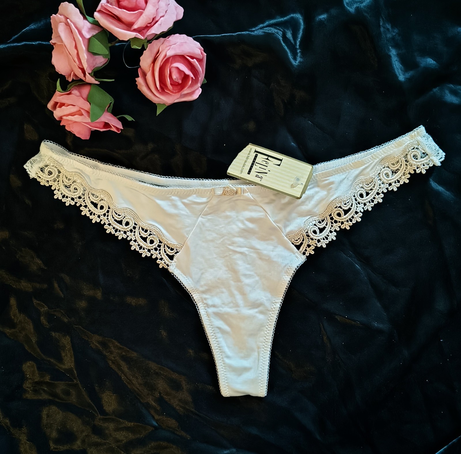 NWT VINTAGE RARE IVORY Felina Embroidered Lace Satiny Nylon THONG PANTIES-Small