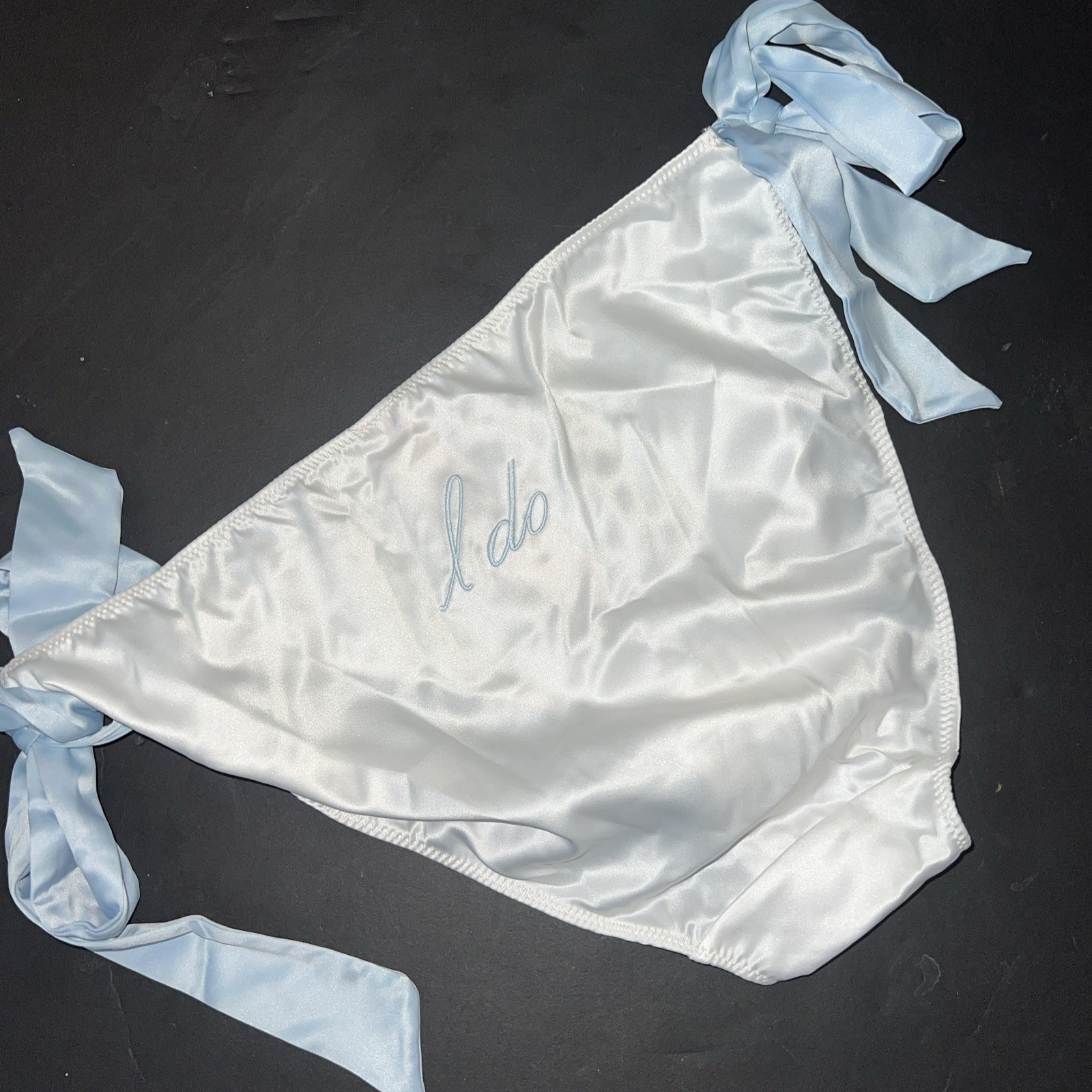 NWT Victoria’s Secret L panty SATIN BLUE WHITE side tie I DO EMBROIDERY BRIDE