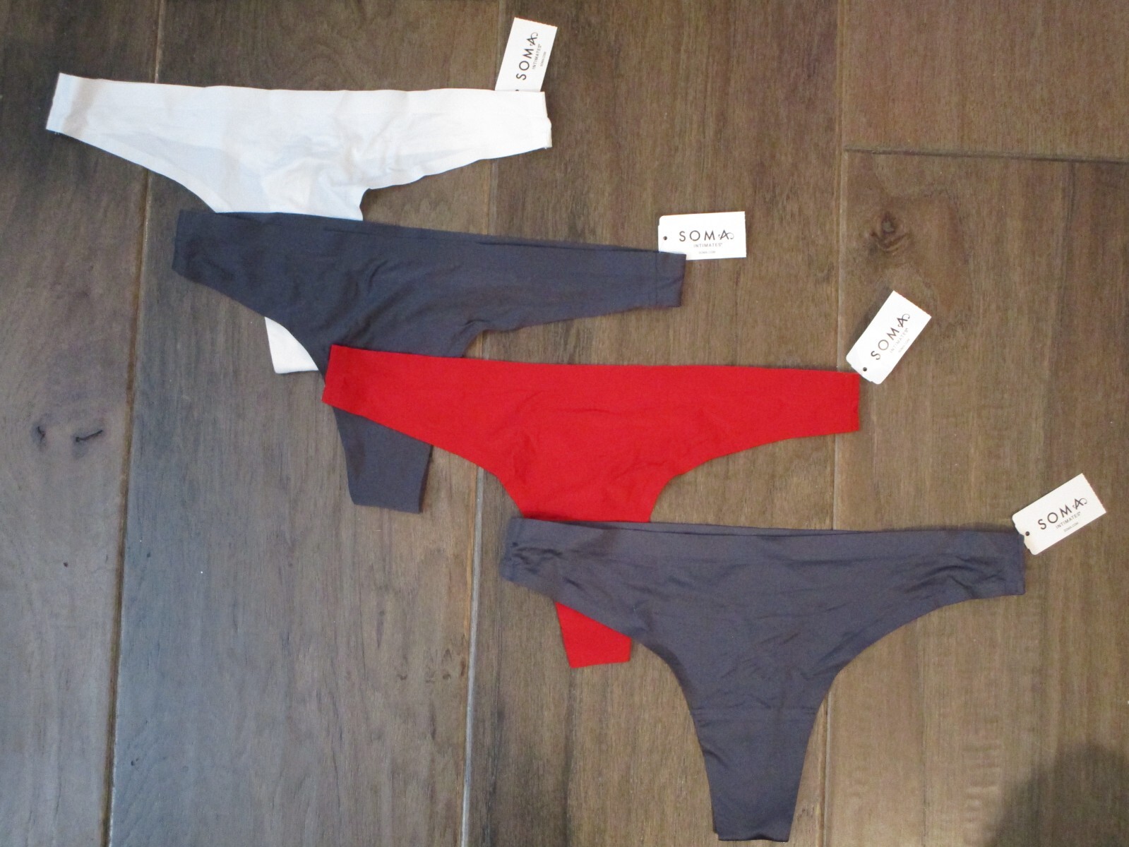 4-PACK SOMA ENBLISS SOFT STRETCH THONG PANTIES IN WHITE/GRAY/RED SIZE MEDIUM