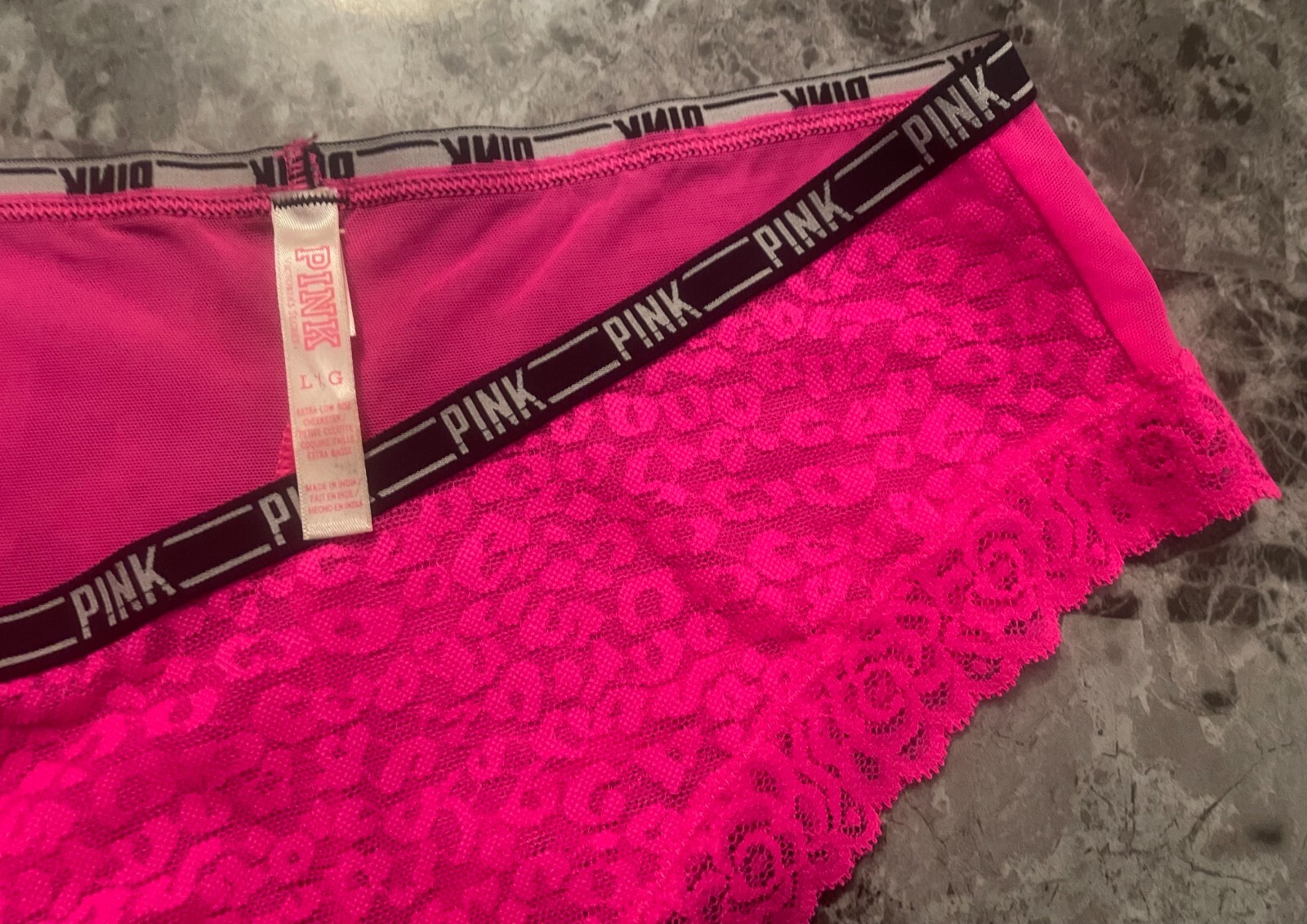 NWOT VICTORIA’S SECRET PINK LARGE LEOPARD LACE MESH LOGO RARE CHEEKSTER PANTIES