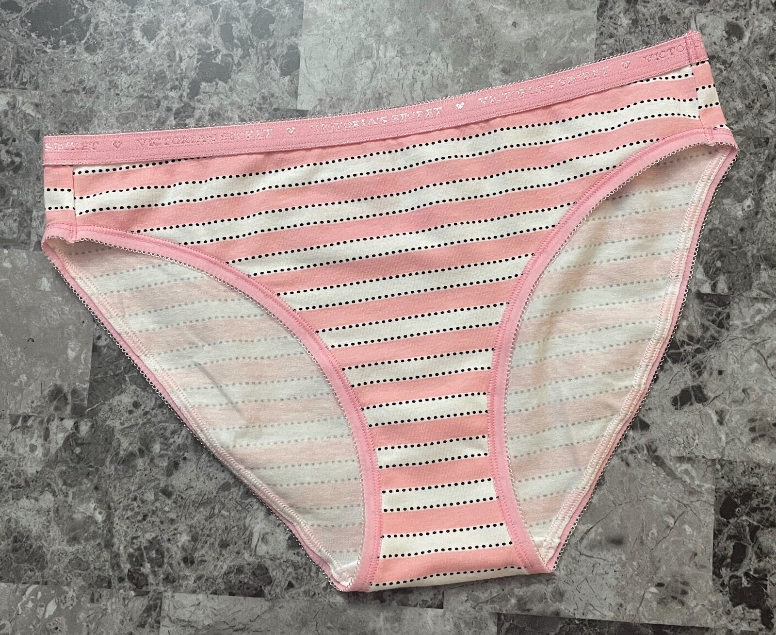 VICTORIA’S SECRET S PINK STRIPE POLKA DOT LOGO PICOT BAND RARE BIKINI PANTIES