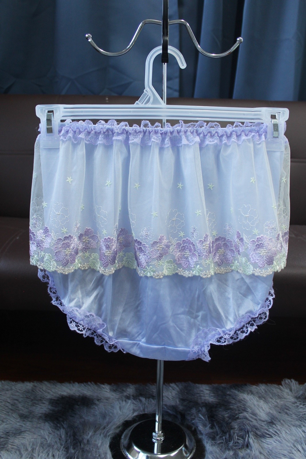 #A120 2XL/ElasticW.24-42″ VtgStyle Purple Nylon FullBrief Panties MiniLace Skirt