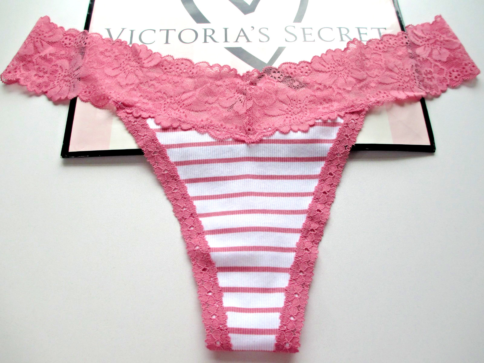 VICTORIA’S SECRET PINK Cotton Thong Panty S L Pink White Stripe NWT Lace Waist
