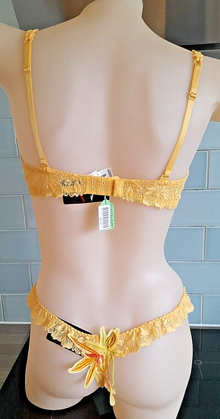 Ravage Yellow Equateur Satin/Embroidered Mesh TRIGONE Thong XS