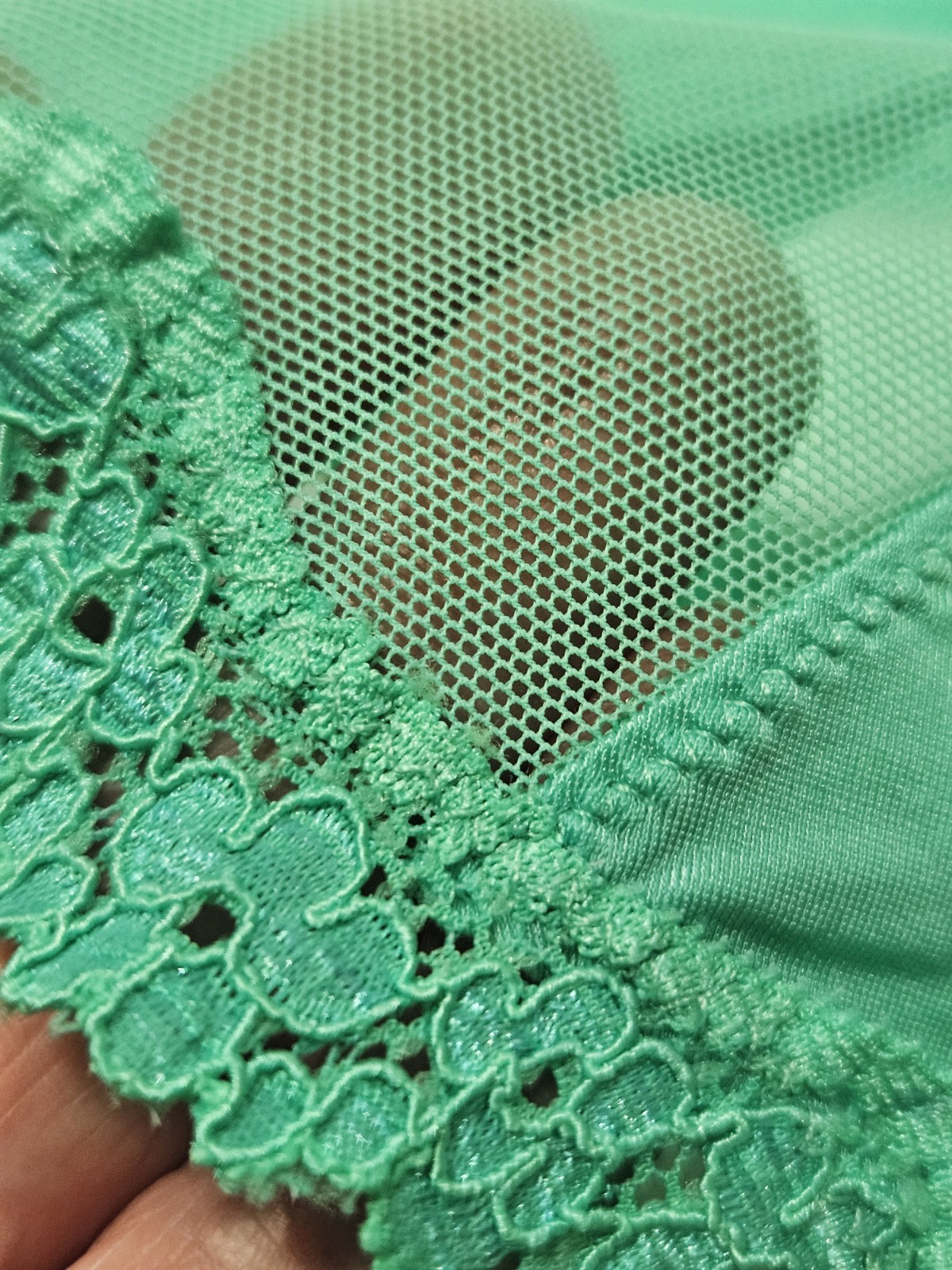 VICTORIA’S SECRET, WOMEN’S NEW GREEN NYLON BL MESH/LACE THONG, TULLE; SIZE M
