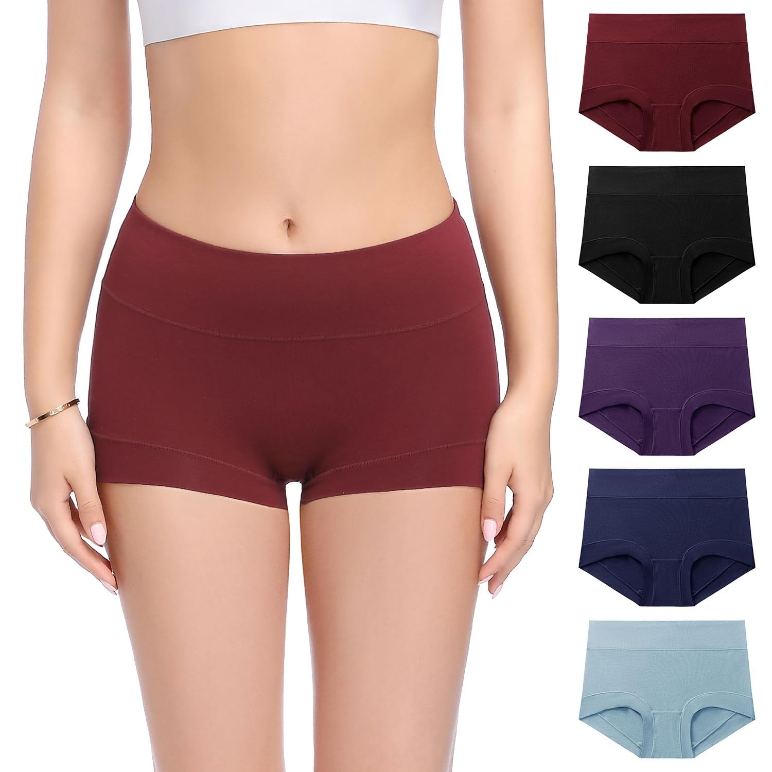 Womens High Waisted Cotton Boy Shorts Panties Ladies Full Coverage Stretch Pl…
